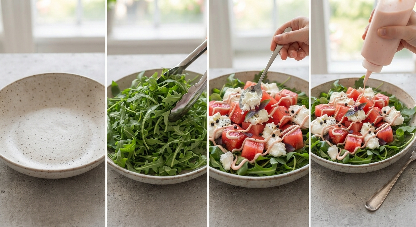 Ora componete l’insalata: adagiate un letto di rucola fresca nei piatti o in una ciotola capiente. Distribuite sopra i tocchetti di anguria e il caprino (spezzettandolo delicatamente con le mani o una forchetta). Completate il piatto guarnendo con la maionese all’anguria preparata in precedenza. Servite subito per godere appieno della freschezza.