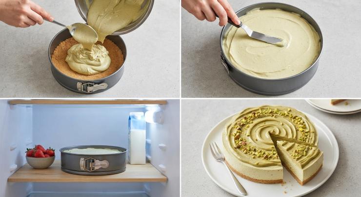 Versate la farcia sulla base di biscotti, livellate bene la superficie con un cucchiaio e lasciate riposare in frigorifero per almeno 4-5 ore. Prima di servire, trasferite la torta nel freezer per 15 minuti. Decorate la superficie con la crema di pistacchio rimasta e una manciata di granella extra, quindi gustate la vostra creazione!