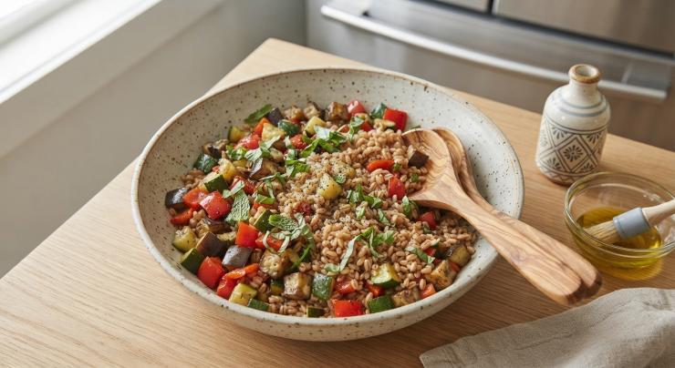 Scolate il farro, trasferitelo in una ciotola capiente e unite le verdure saltate. Condite con l’olio extravergine d’oliva rimasto, mescolate bene e lasciate riposare in frigorifero coperto per almeno un’ora.