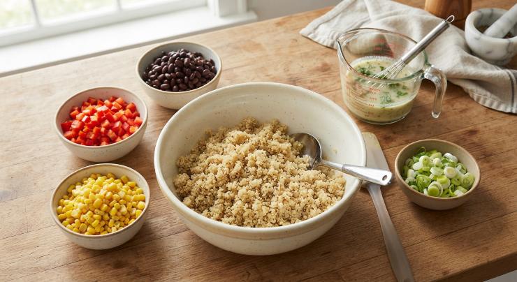 In una tazza, emulsiona l’olio extravergine d’oliva con il succo di limone, una grattugiata di scorza, sale, pepe e la menta tritata finemente. Unisci> tutti gli ingredienti nella ciotola con la quinoa: peperoni, fagioli, mais e cipollotti. Condisci con l’emulsione preparata, mescola con cura e lascia riposare in frigorifero per almeno 30 minuti prima di servire.