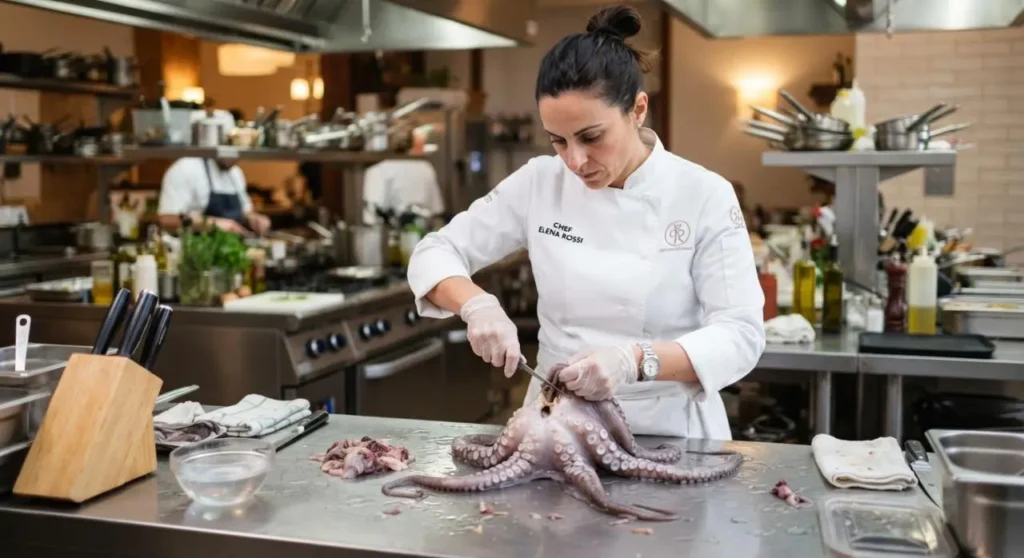 Come pulire il polpo: i segreti dello chef Chef professionista in cucina mentre pulisce un polpo fresco su un tavolo di acciaio