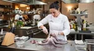 Chef professionista in cucina mentre pulisce un polpo fresco su un tavolo di acciaio