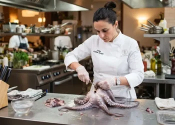 Chef professionista in cucina mentre pulisce un polpo fresco su un tavolo di acciaio