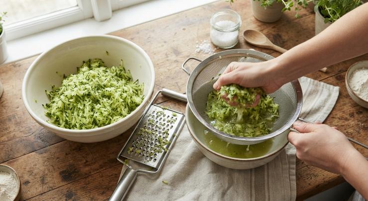 Per iniziare, lavate accuratamente le zucchine, eliminate le estremità e grattugiatele finemente utilizzando una grattugia a fori larghi. Trasferite le zucchine in un colino e strizzatele con energia: è fondamentale eliminare quanta più acqua possibile per ottenere una consistenza perfetta.