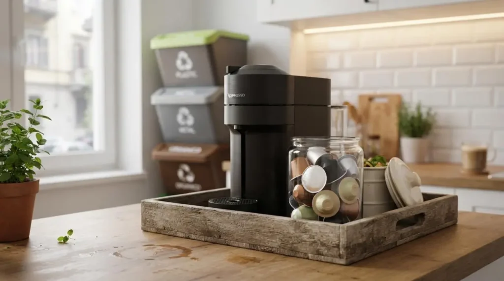 Macchina da caffè moderna in cucina con un barattolo di capsule miste e contenitori per la raccolta differenziata sullo sfondo