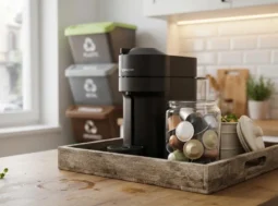 Smaltimento capsule caffè e raccolta differenziata Macchina da caffè moderna in cucina con un barattolo di capsule miste e contenitori per la raccolta differenziata sullo sfondo
