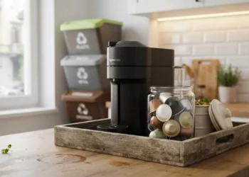 Smaltimento capsule caffè e raccolta differenziata Macchina da caffè moderna in cucina con un barattolo di capsule miste e contenitori per la raccolta differenziata sullo sfondo
