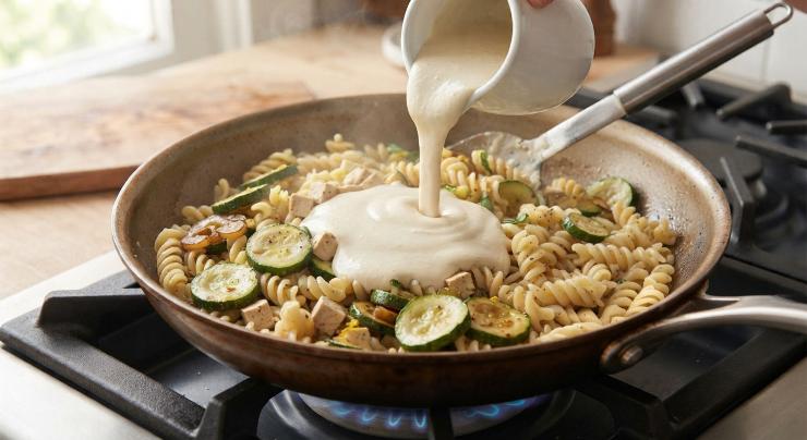 Scolate la pasta ben al dente, tenendo da parte un mestolino d’acqua di cottura. Versate la pasta nella padella con le zucchine, unite la crema di tofu e saltate tutto insieme per un minuto, aggiungendo l’acqua di cottura se necessario per rendere il tutto ancora più cremoso.