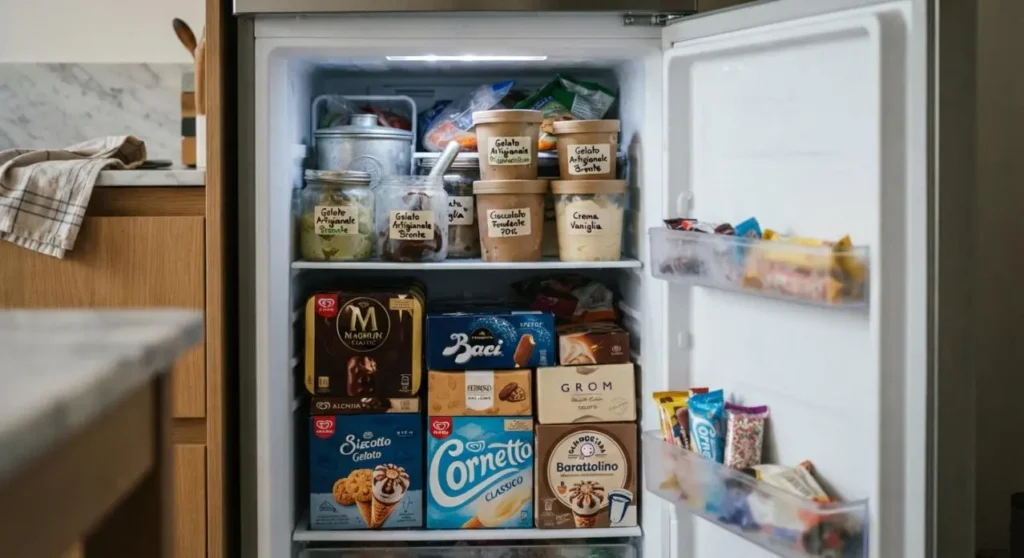 Interno di un congelatore a pozzetto aperto in una cucina moderna. Nei ripiani superiori sono visibili vasetti di gelato artigianale con etichette scritte a mano (pistacchio, cioccolato, vaniglia). Nei ripiani inferiori sono impilate numerose confezioni di gelati industriali e stecchi di marche famose come Algida Magnum, Baci Perugina, Grom e Cornetto.