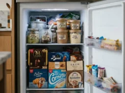 Congelatore fornito: confronto tra gelato artigianale in vaschetta e stecchi confezionati Algida, Baci e Grom. Interno di un congelatore a pozzetto aperto in una cucina moderna. Nei ripiani superiori sono visibili vasetti di gelato artigianale con etichette scritte a mano (pistacchio, cioccolato, vaniglia). Nei ripiani inferiori sono impilate numerose confezioni di gelati industriali e stecchi di marche famose come Algida Magnum, Baci Perugina, Grom e Cornetto.