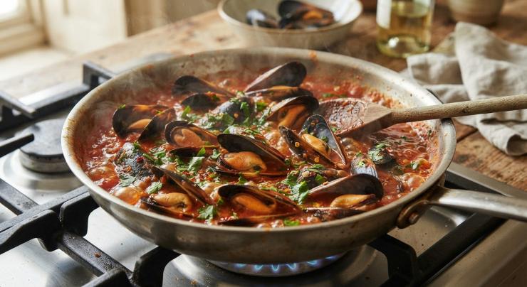 A metà cottura del pomodoro, unite alla padella il brodo delle cozze filtrato in precedenza, così da dare una spinta di sapore straordinaria alla preparazione. Nel frattempo, abbrustolite le fette di pane casereccio in forno o su una piastra rovente per preparare i vostri crostoni dorati. Unite le cozze al sugo di pomodoro ristretto, profumate con il prezzemolo fresco tritato e lasciate insaporire il tutto sul fuoco per un solo minuto, mescolando delicatamente per amalgamarne i sapori.
