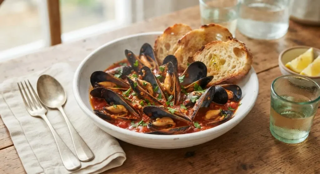 Cozze alla tarantina pronte da gustare con scarpetta di pane. Primo piano di una zuppa di cozze alla tarantina in un piatto di ceramica con crostoni di pane, prezzemolo e vino bianco su un tavolo di legno.