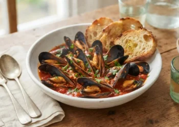Primo piano di una zuppa di cozze alla tarantina in un piatto di ceramica con crostoni di pane, prezzemolo e vino bianco su un tavolo di legno.