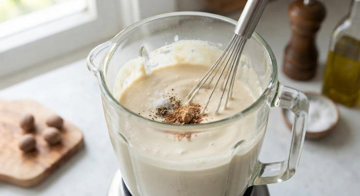 Nel frattempo, portate a bollore una pentola d’acqua salata e fate cuocere la pasta secondo i tempi indicati sulla confezione. Mentre la pasta cuoce, preparate la crema: mettete il tofu vellutato nel bicchiere di un frullatore. Unite i restanti 2 cucchiai di olio, un pizzico di sale, un po’ di pepe e una generosa grattugiata di noce moscata. Frullate il tutto fino a ottenere una crema liscia e vellutata.