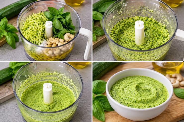 In un mixer, frullate le zucchine grattugiate insieme al basilico, agli anacardi, all’olio extra vergine di oliva e a un pizzico generoso di sale fino a ottenere una crema liscia e omogenea.