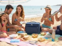 Famiglia felice in spiaggia che mangia panini e frutta fresca tirati fuori da una borsa frigo sotto l'ombrellone