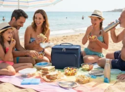 Famiglia felice in spiaggia che mangia panini e frutta fresca tirati fuori da una borsa frigo sotto l'ombrellone