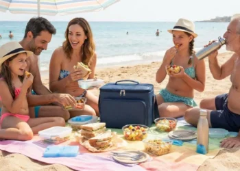 Famiglia felice in spiaggia che mangia panini e frutta fresca tirati fuori da una borsa frigo sotto l'ombrellone