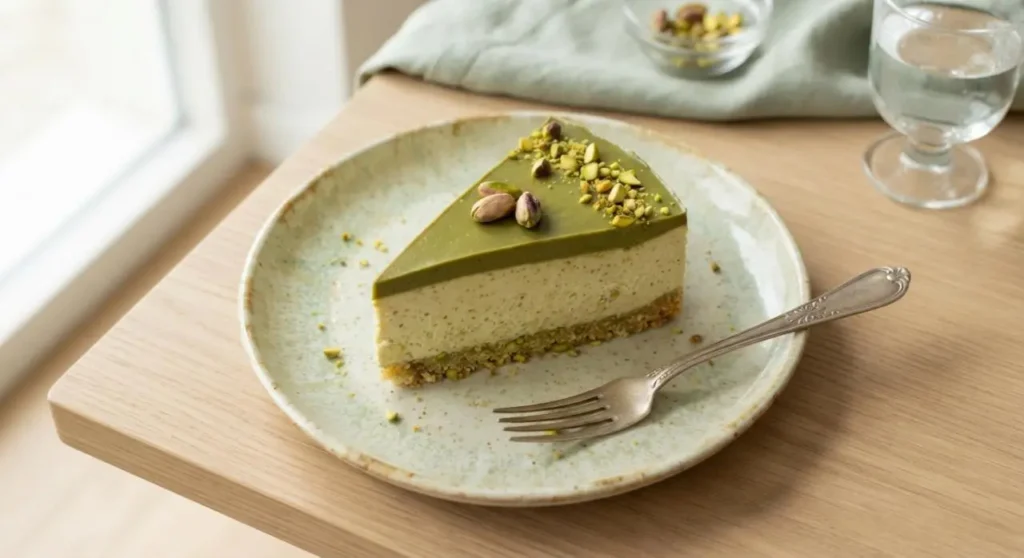 Fetta di torta fredda al pistacchio cremosa servita su un piattino con granella e forchetta, pronta da gustare.