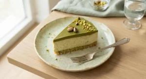 Fetta di torta fredda al pistacchio cremosa servita su un piattino con granella e forchetta, pronta da gustare.