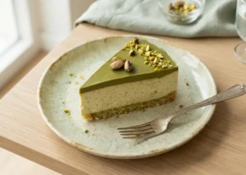 Fetta di torta fredda al pistacchio cremosa servita su un piattino con granella e forchetta, pronta da gustare.