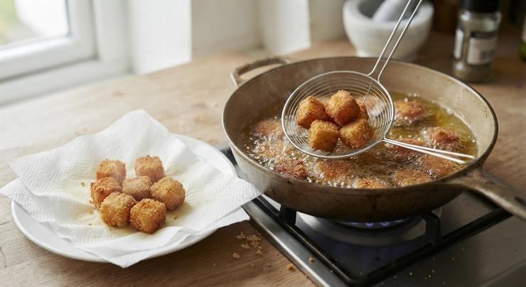 Riscaldate abbondante olio in una padella dai bordi alti. Quando l’olio sarà ben caldo, immergete i tocchetti di tonno pochi per volta. Friggete finché non risulteranno dorati e croccanti su ogni lato, quindi scolateli e poneteli su carta assorbente per eliminare l’olio in eccesso.