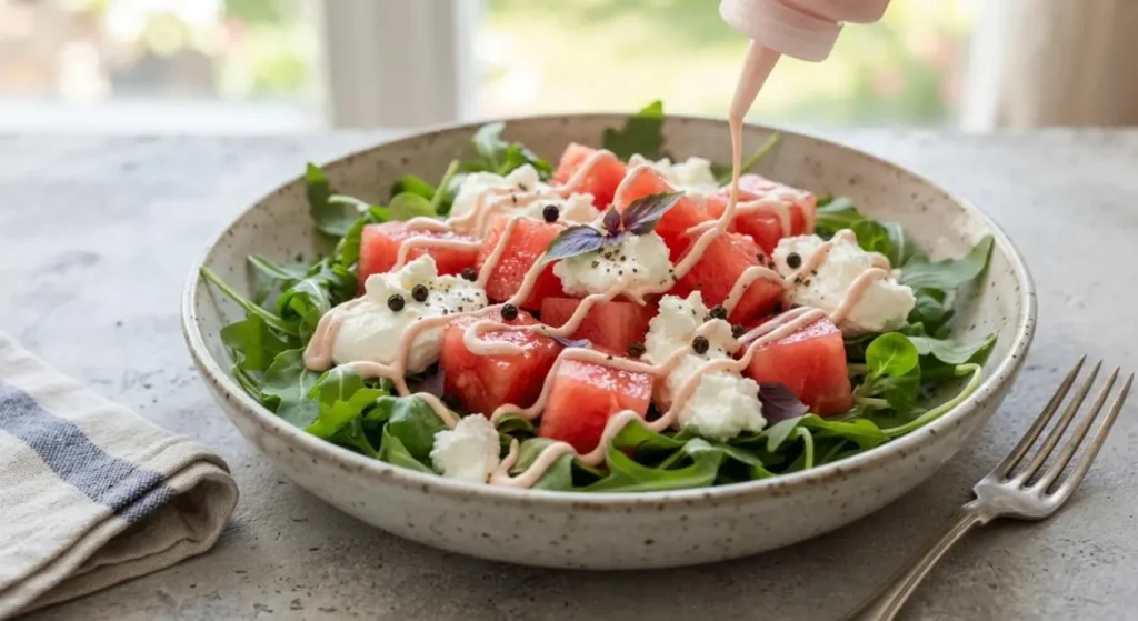 Insalata di anguria e caprino pronta da servire Insalata di anguria fresca con cubetti di cocomero, rucola, caprino e maionese all'anguria in un piatto di ceramica