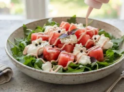 Insalata di anguria fresca con cubetti di cocomero, rucola, caprino e maionese all'anguria in un piatto di ceramica