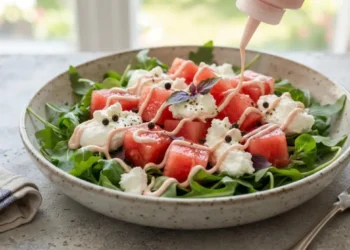 Insalata di anguria fresca con cubetti di cocomero, rucola, caprino e maionese all'anguria in un piatto di ceramica