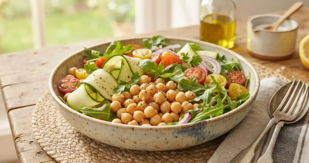 Insalata fresca di ceci, rucola, zucchine e pomodori servita in una ciotola di ceramica su un tavolo di legno