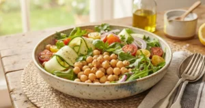 Insalata fresca di ceci, rucola, zucchine e pomodori servita in una ciotola di ceramica su un tavolo di legno