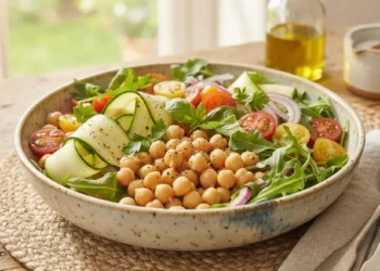 Insalata fresca di ceci, rucola, zucchine e pomodori servita in una ciotola di ceramica su un tavolo di legno