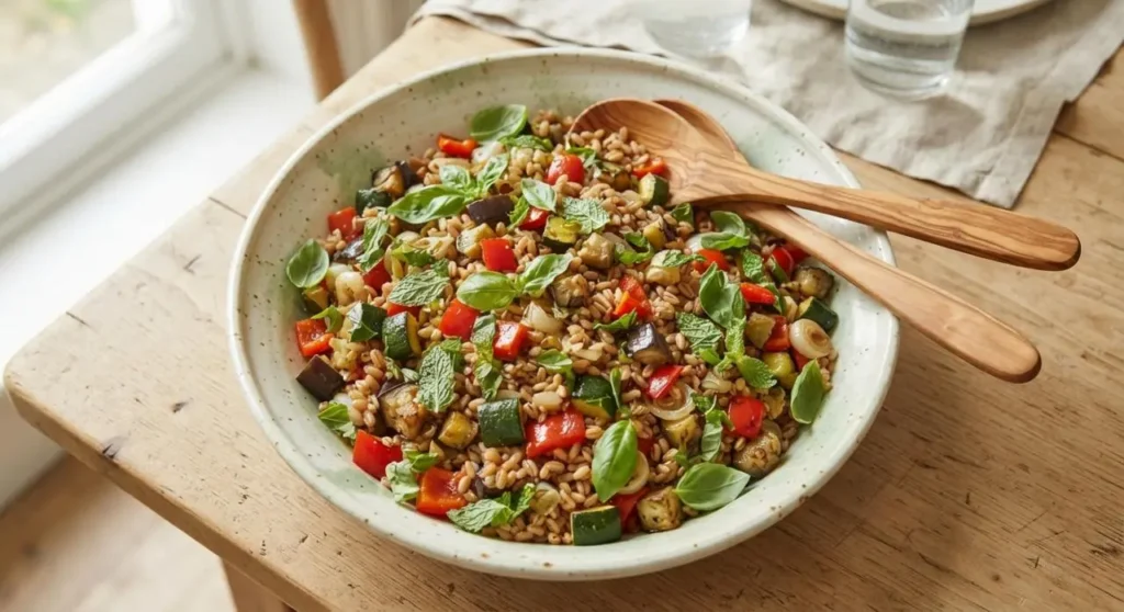 Insalata di farro con verdure fresche in una ciotola di ceramica Insalata di farro con verdure miste di stagione pronte da servire