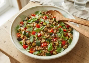 Insalata di farro con verdure miste di stagione pronte da servire