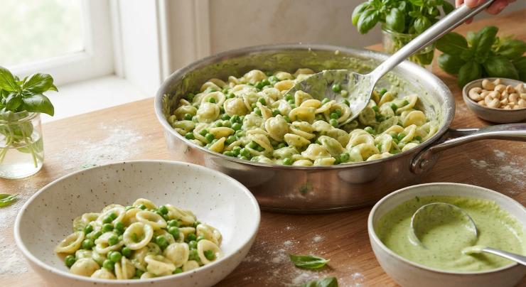 Una volta cotta, scolate la pasta con i piselli (tenendo da parte un mestolo di acqua di cottura se necessario per regolare la densità) e condite immediatamente con la crema di zucchine appena preparata. Amalgamate bene il tutto, impiattate e decorate con qualche fogliolina di basilico fresco prima di servire ben caldo.