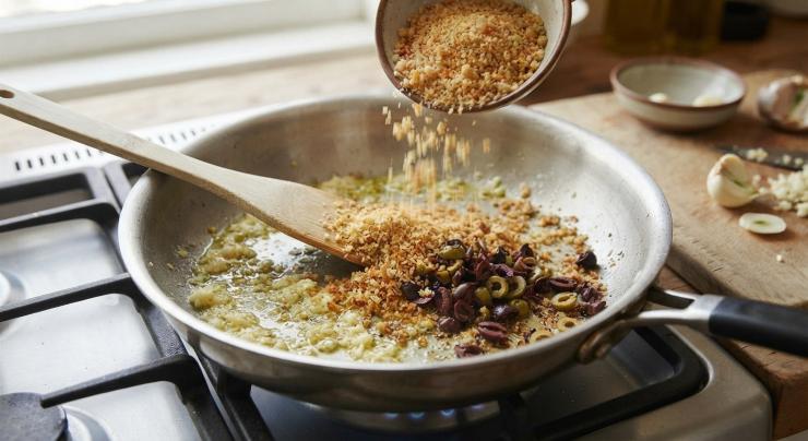 Prendete una padella capiente, versate l’olio extravergine di oliva e accendete a fiamma media. Lasciate dorare dolcemente l’aglio triturato, quindi aggiungete il pangrattato e fatelo tostare per alcuni minuti mescolando spesso, facendo attenzione a non bruciarlo. Spegnete la fiamma del condimento e, se di vostro gradimento, tagliuzzate le olive e versatele direttamente nella padella insieme alla sabbiatura dorata.