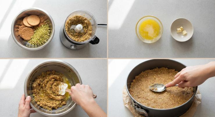 Per prima cosa, tritate finemente i biscotti secchi insieme alla granella di pistacchi utilizzando un mixer. Nel frattempo, fate sciogliere il burro a bagnomaria o nel microonde. Amalgamate il burro fuso con il mix di biscotti e pistacchi tritati. Rivestite il fondo di uno stampo a cerniera da 22 cm con carta forno e pressate il composto sul fondo per creare una base compatta. Riponete in frigorifero a rassodare.