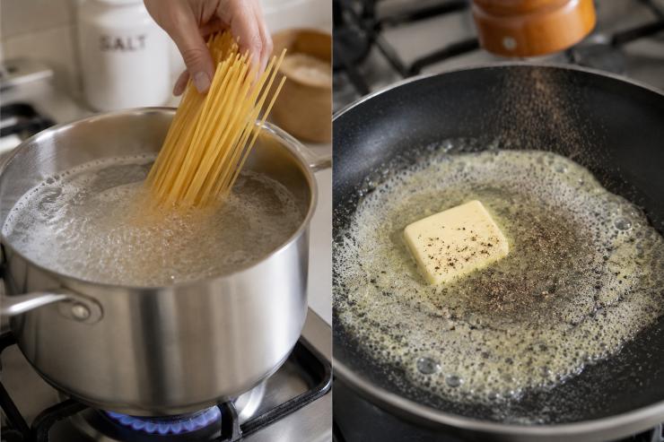 Mettete a bollire una pentola con abbondante acqua salata e, appena raggiunge il bollore, cuocete la pasta rispettando i tempi indicati sulla confezione per una cottura al dente. Nel frattempo, in una padella ampia, sciogliete il burro a fuoco dolce, aggiungendo il pepe nero e la noce moscata per sprigionare tutti gli oli essenziali delle spezie.