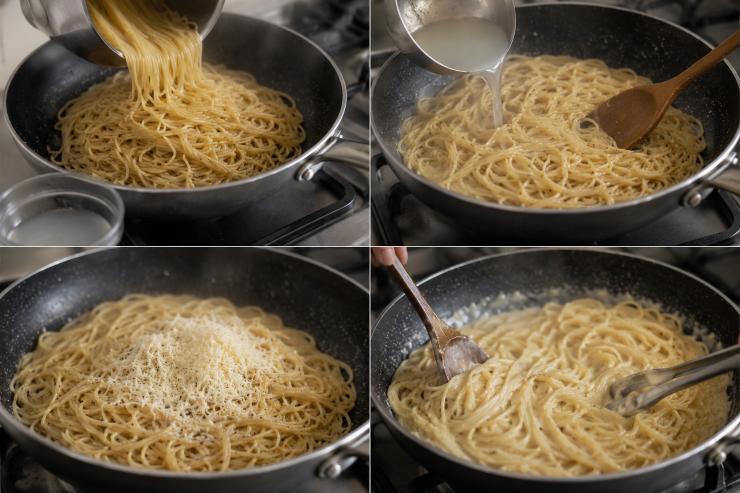 Scolate la pasta direttamente nella padella, tenendo da parte un mestolo di acqua di cottura ricca di amido. Saltate la pasta nella padella con gli aromi per un minuto, quindi unite l’acqua di cottura tenuta da parte. Spegnete la fiamma e aggiungete il mix di formaggi. Mescolate energicamente con un cucchiaio di legno o una pinza per favorire la creazione di una cremina vellutata e lucida.