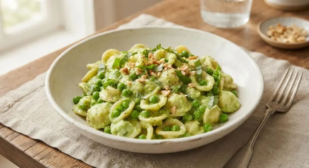Piatto di pasta cremosa con piselli e zucchine, guarnito con basilico fresco e anacardi tritati, pronto per essere servito.