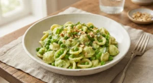 Pasta cremosa piselli e zucchine pronta da servire Piatto di pasta cremosa con piselli e zucchine, guarnito con basilico fresco e anacardi tritati, pronto per essere servito.
