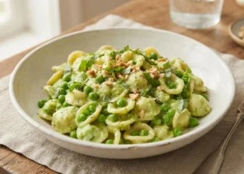 Piatto di pasta cremosa con piselli e zucchine, guarnito con basilico fresco e anacardi tritati, pronto per essere servito.