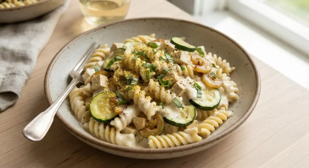 Pasta cremosa con zucchine e tofu Piatto di pasta cremosa con zucchine a rondelle e tofu, servito in una fondina di ceramica su un tavolo di legno.