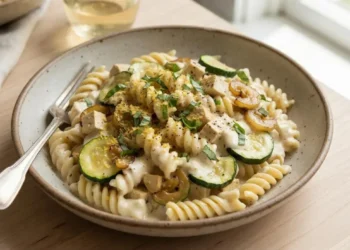 Piatto di pasta cremosa con zucchine a rondelle e tofu, servito in una fondina di ceramica su un tavolo di legno.