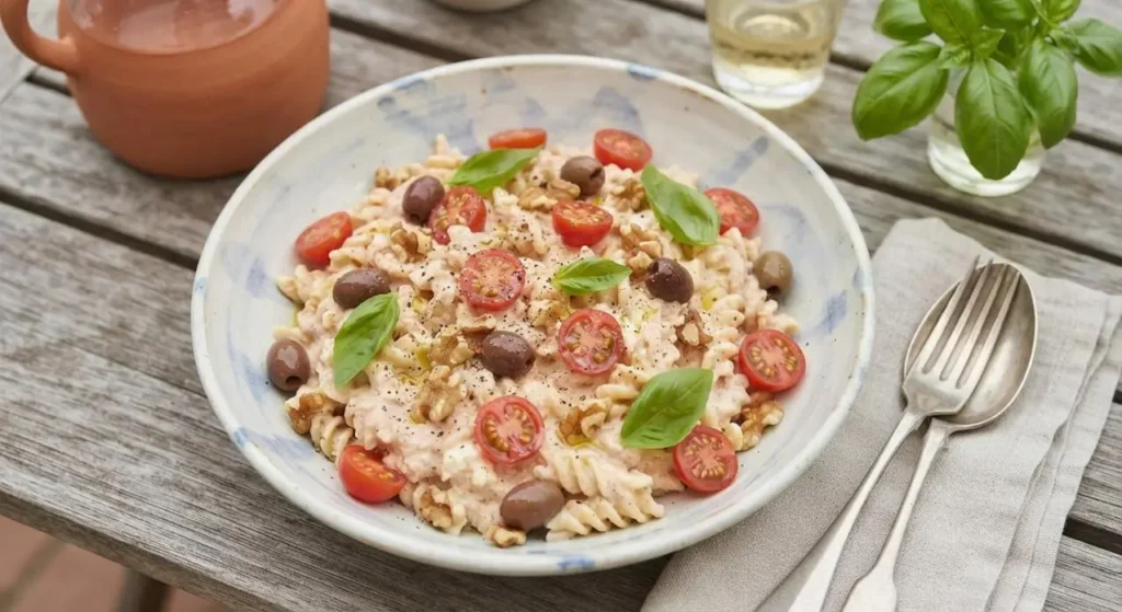 Pasta fredda con pomodorini ricotta e noci Piatto di pasta fredda cremosa con pomodorini, ricotta, noci e basilico pronto da servire su un tavolo in legno.