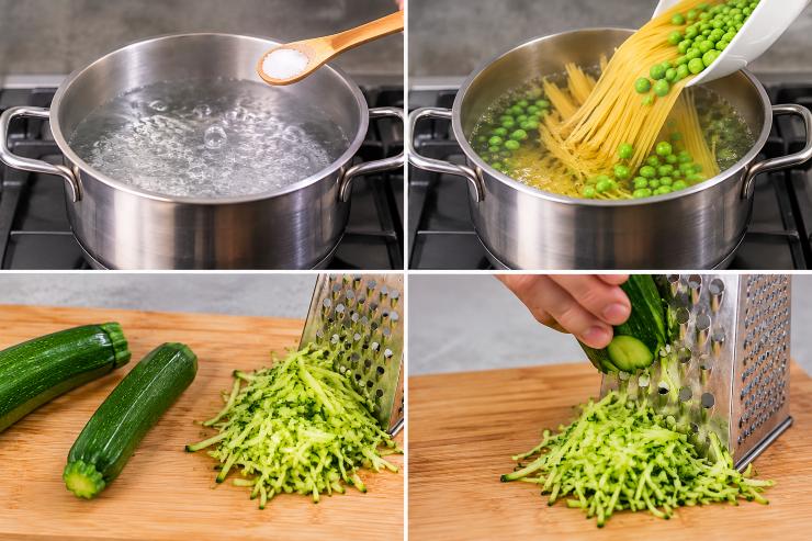 Portate a bollore una pentola capiente con acqua leggermente salata. Quando l’acqua bolle, tuffate la pasta insieme ai piselli e cuocete seguendo i tempi indicati sulla confezione. Mentre la pasta cuoce, lavate e spuntate le zucchine, quindi grattugiatele finemente usando una grattugia a fori larghi.