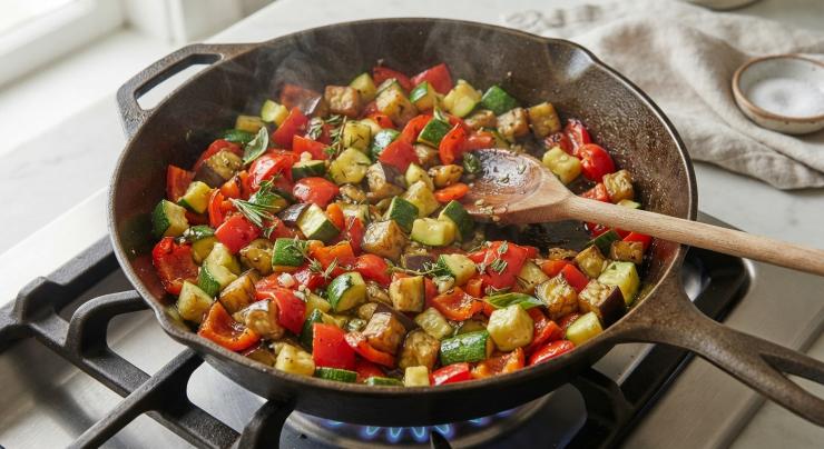 Scaldate una padella capiente con un filo d’olio e fate rosolare due cipollotti affettati. Aggiungete i peperoni, regolate di sale e pepe e lasciate cuocere per 5 minuti a fiamma media. Unite i cubetti di melanzana, aggiustate di sale e proseguite la cottura per altri 10 minuti. Infine, aggiungete le zucchine, salate ancora leggermente e completate la cottura per ulteriori 10 minuti. Se necessario, aggiungete un mestolino d’acqua di cottura per mantenere le verdure idratate.