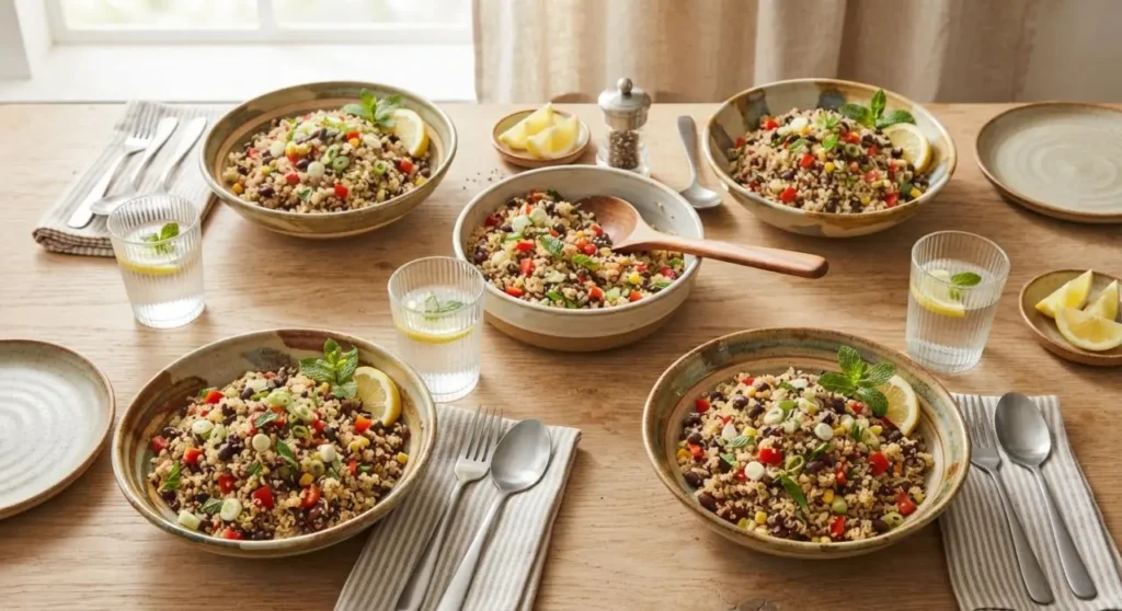 Piatto unico di quinoa e fagioli neri servito in tavola con peperoni, mais e menta fresca