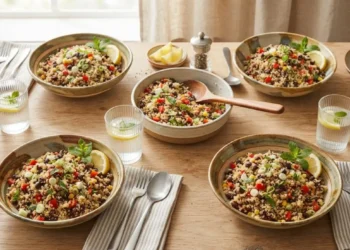 Piatto unico di quinoa e fagioli neri servito in tavola con peperoni, mais e menta fresca
