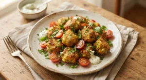 Piatto di polpette di zucchine alla siciliana dorate e croccanti guarnite con pomodorini freschi ed erbe aromatiche.